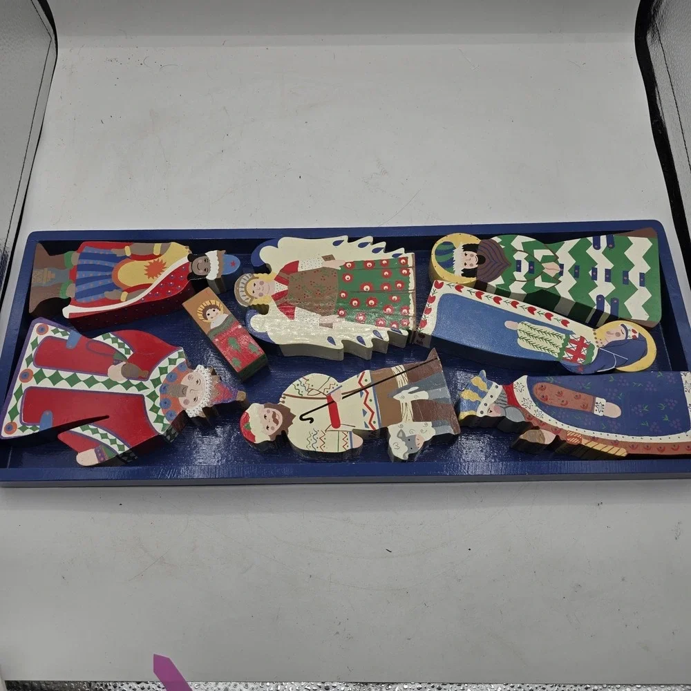 Vintage Pier 1 Christmas Carved Painted Wooden Nativity Set Of‎ 9 Folk Art